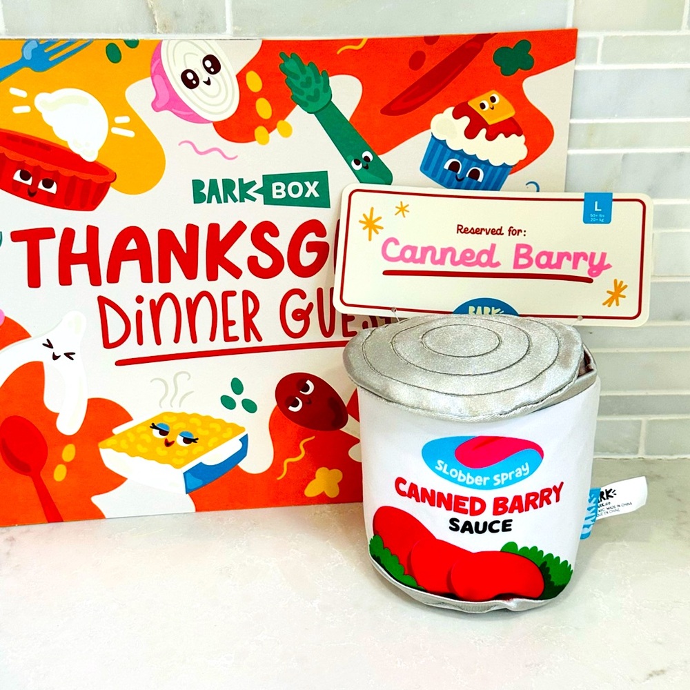 NWT Bark Box CANNED BARRY Cranberry Thanksgiving 2Pc Size LARGE Plush Dog Toy